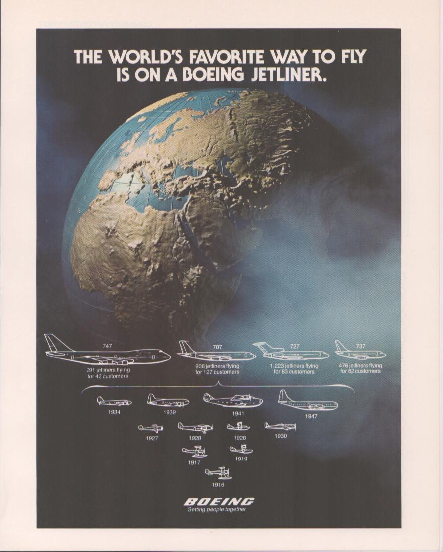 Vintage 1980s Boeing Jetliner original print advertisement, dramatic relief globe with full Boeing aircraft family silhouette timeline from 1916 to the 747