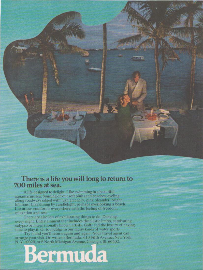 Vintage 1960s Bermuda Tourism original print advertisement, couple dining by candlelight under palm trees with turquoise harbor in background