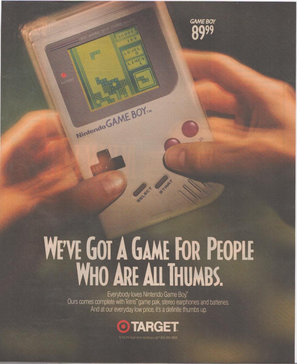 Vintage 1989 Nintendo Game Boy original print advertisement, two hands holding the iconic handheld device displaying Tetris on screen, Target retail ad with $89.99 price