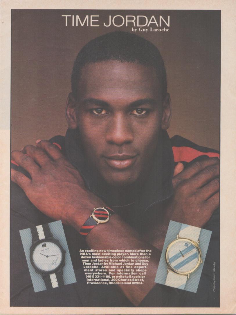 Vintage 1985 Time Jordan by Guy Laroche original print advertisement, close-up portrait of young Michael Jordan wearing a color-striped fashion watch with two product inset images below