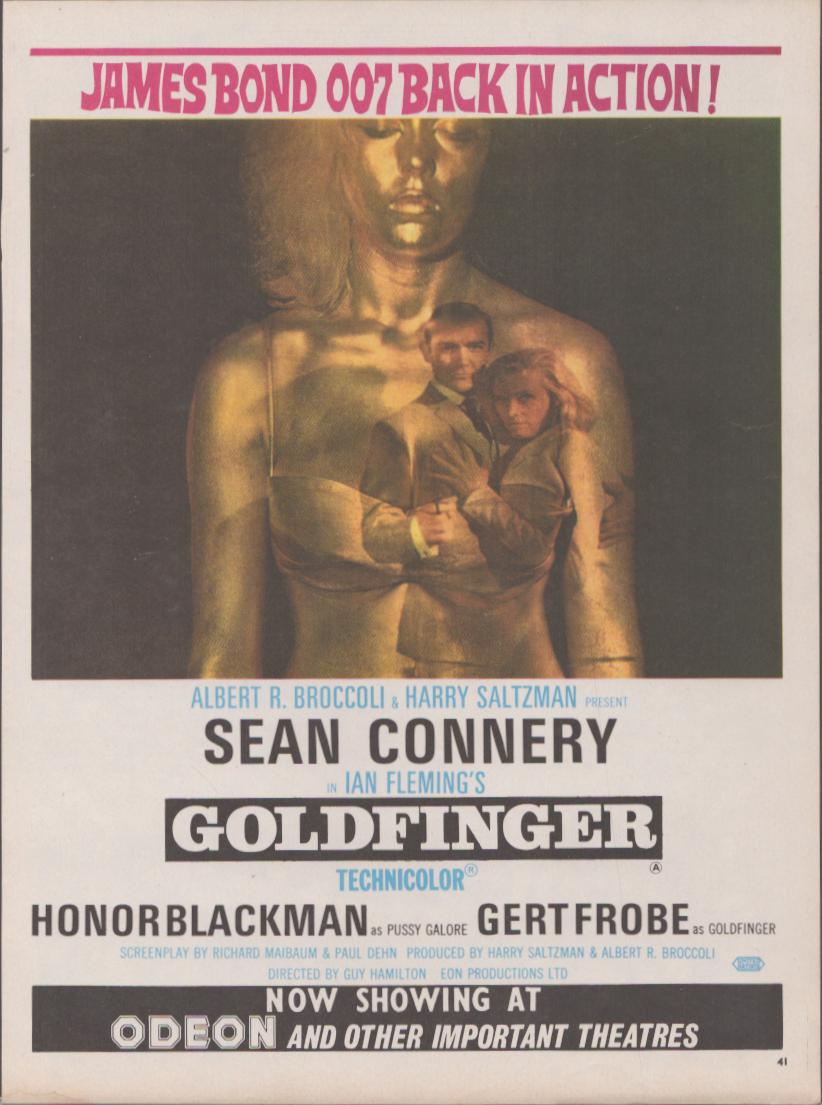 Vintage 1964 James Bond Goldfinger original print advertisement, featuring gold-painted figure with Sean Connery inset, Odeon theatrical release ad in Technicolor