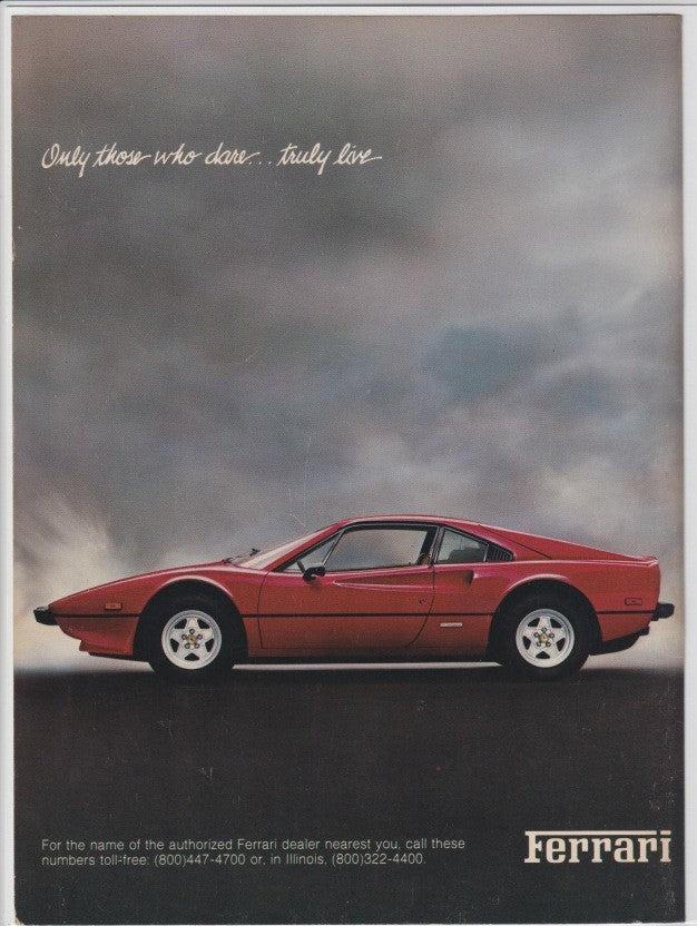 Vintage 1980s Ferrari 308 GTB original print advertisement, red sports car photographed against dramatic stormy sky