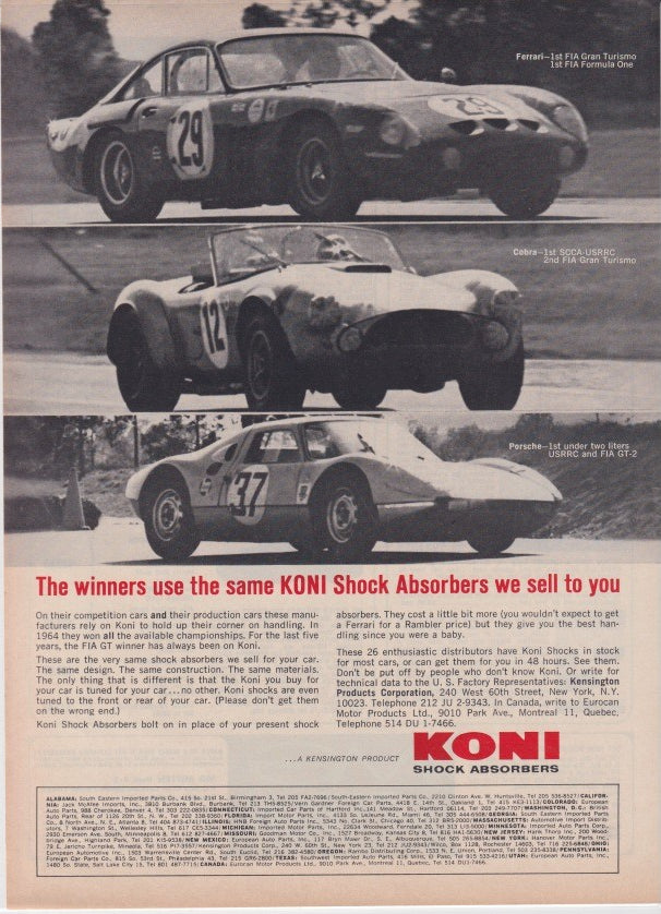 Vintage 1965 Koni Shock Absorbers original print advertisement, black and white racing photos of Ferrari, Shelby Cobra, and Porsche GT cars with bold red headline