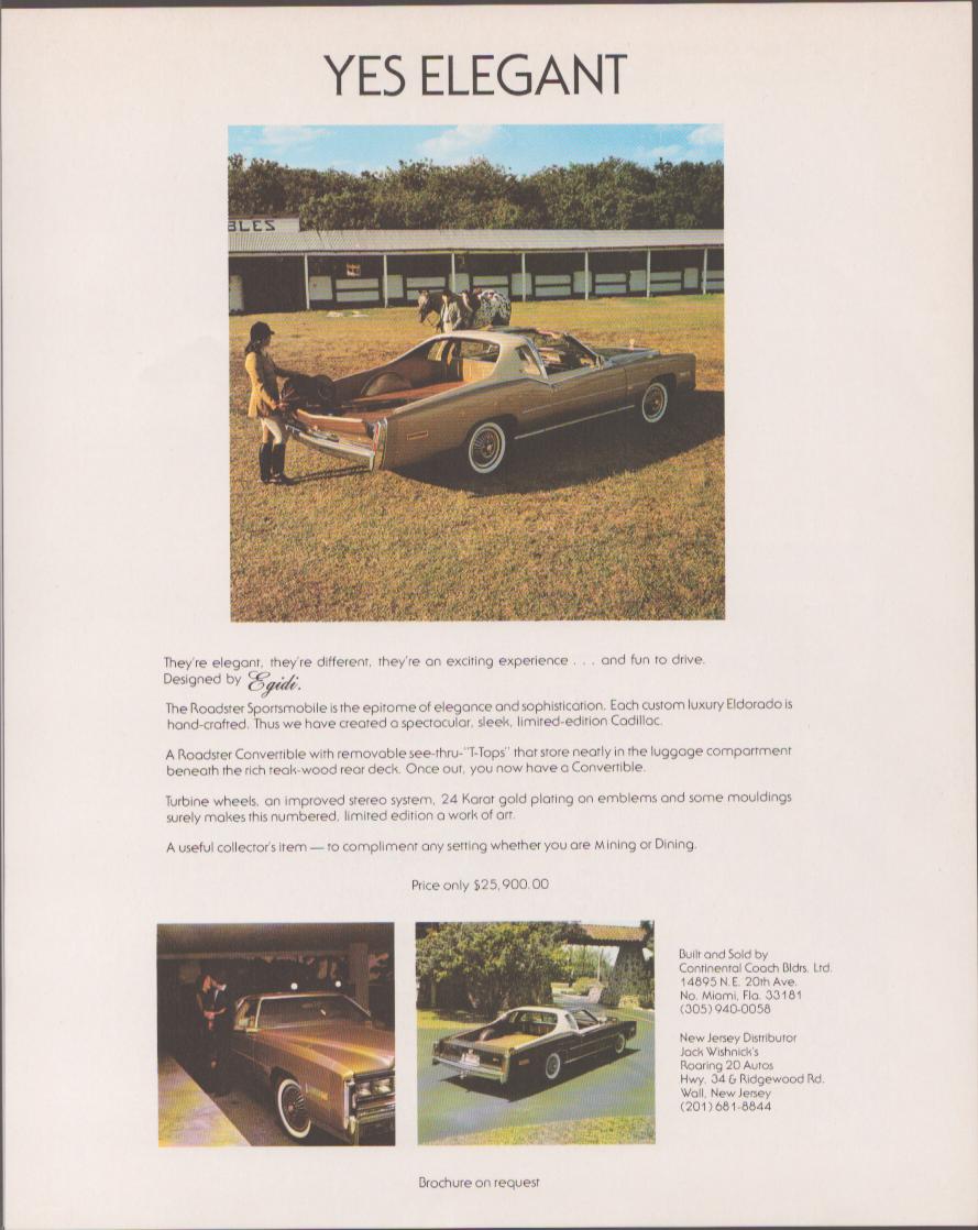 Vintage 1970s Cadillac Eldorado Egidi Roadster Sportsmobile original print advertisement, gold custom convertible shown at equestrian stable with T-tops removed