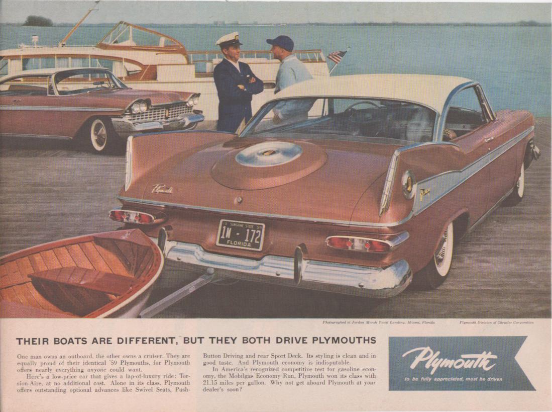 Vintage 1959 Plymouth original print advertisement, two rose-colored Plymouth hardtops parked at a Miami yacht basin with two men in nautical attire conversing dockside