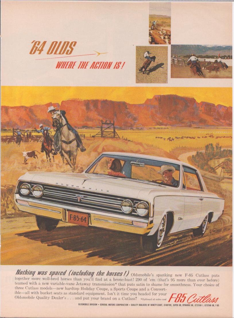 Vintage 1964 Oldsmobile F-85 Cutlass original print advertisement, illustrated white hardtop driving through Southwest ranch landscape with cowboys on horseback in background