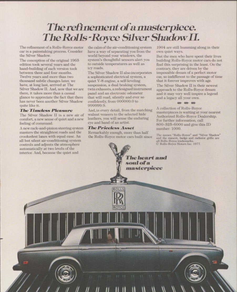 Vintage 1977 Rolls-Royce Silver Shadow II original print advertisement, illustrated view of the full car with Spirit of Ecstasy mascot and signature radiator grille prominent in foreground