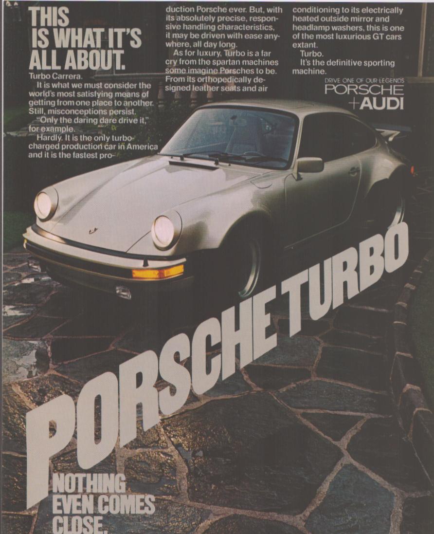 Vintage 1976 Porsche 911 Turbo Carrera original print advertisement, silver 930 coupe on stone pavement with bold diagonal Porsche Turbo typography and 'Nothing Even Comes Close' tagline