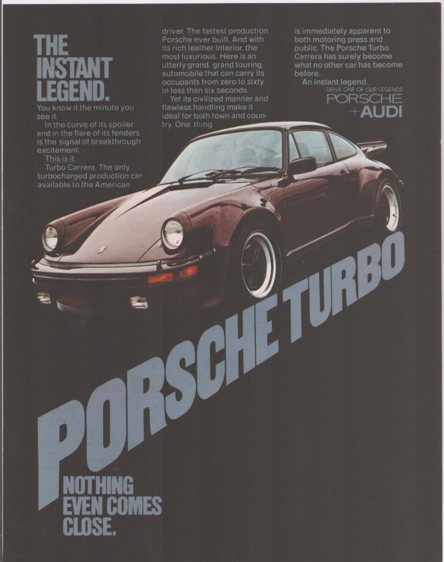 Vintage 1976 Porsche 911 Turbo Carrera original print advertisement, dark background with burgundy wide-body 930 and bold 'The Instant Legend' headline