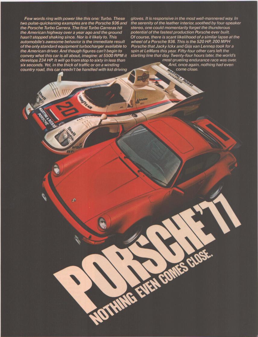 Vintage 1977 Porsche 911 Turbo Carrera original print advertisement, red 911 Turbo in foreground with Martini-liveried Porsche 936 Le Mans prototype above, dark background with bold 'Nothing Even Comes Close' tagline