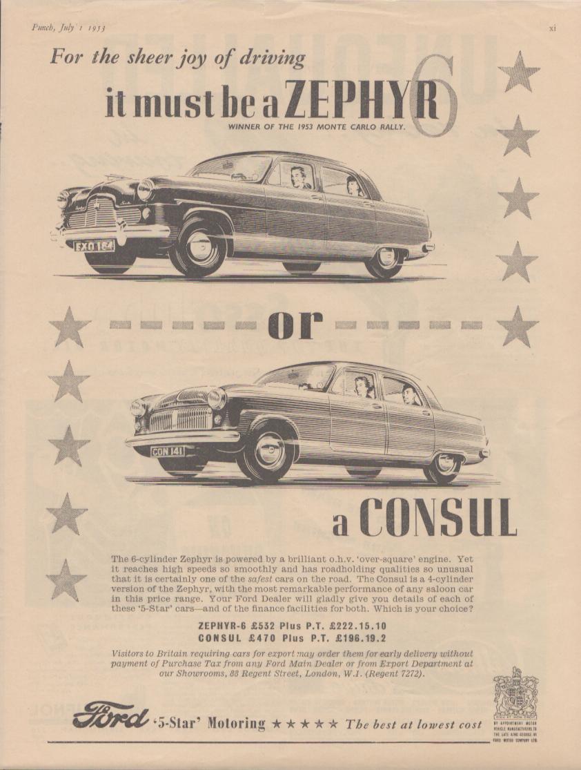 Vintage 1953 Ford Zephyr 6 and Consul original print advertisement, black and white illustration of two British saloon cars with star border and Monte Carlo Rally winner callout