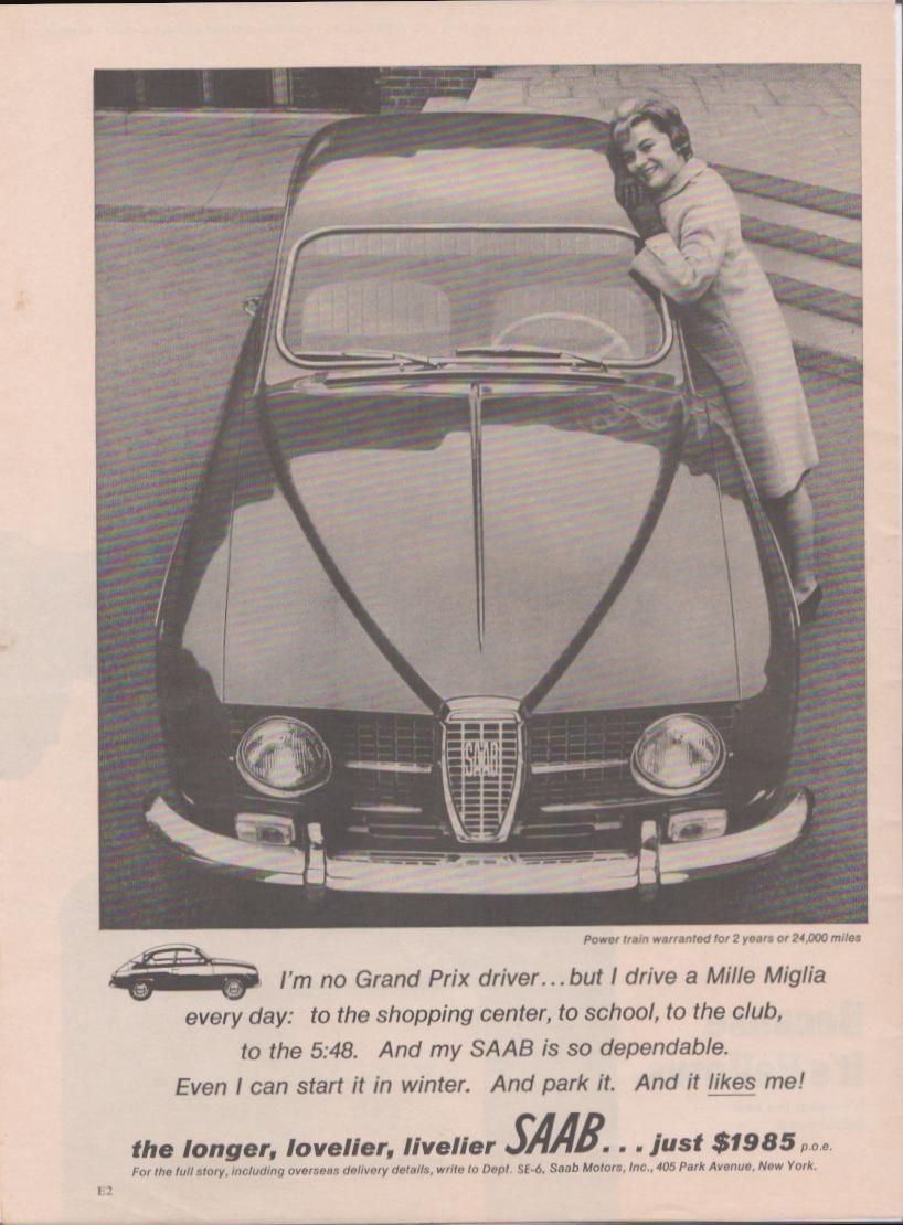 Vintage 1964 Saab 96 original print advertisement, black and white overhead front view of Saab 96 with smiling woman leaning over the hood