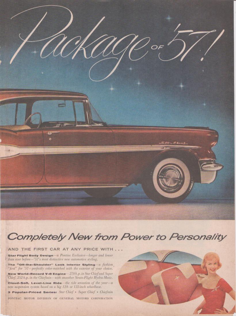 Vintage 1957 Pontiac Star Chief original print advertisement, copper-red four-door sedan against starlit blue background with glamorous blonde model in red dress