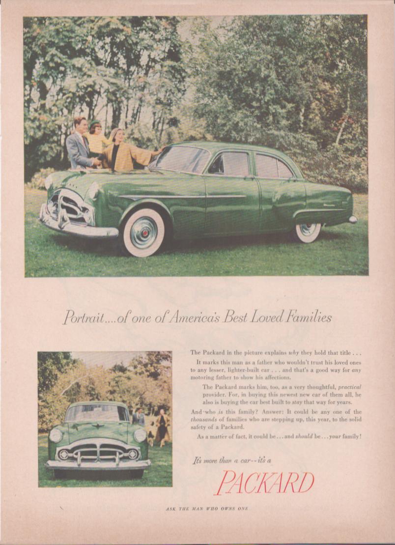 Vintage 1951 Packard sedan original print advertisement, green four-door sedan with family posed outdoors in garden setting, whitewall tires, 'Portrait of one of America's Best Loved Families' headline