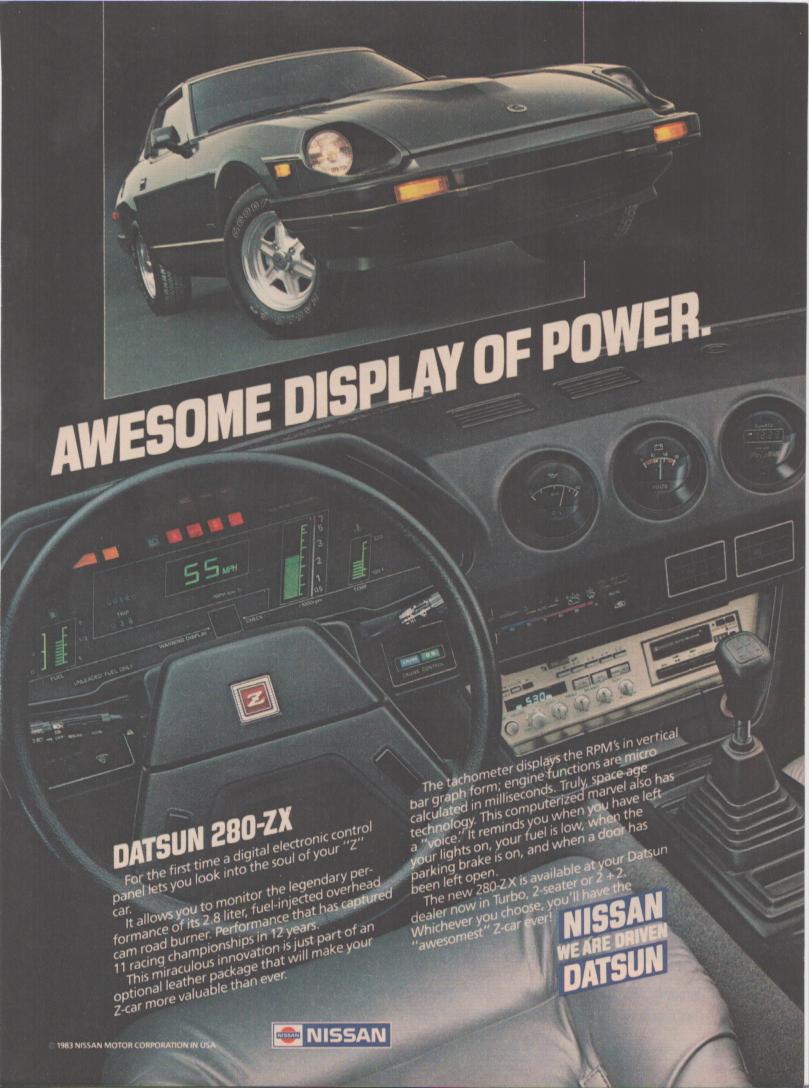 Vintage 1983 Datsun 280-ZX original print advertisement, black sports car above detailed digital dashboard interior cockpit view