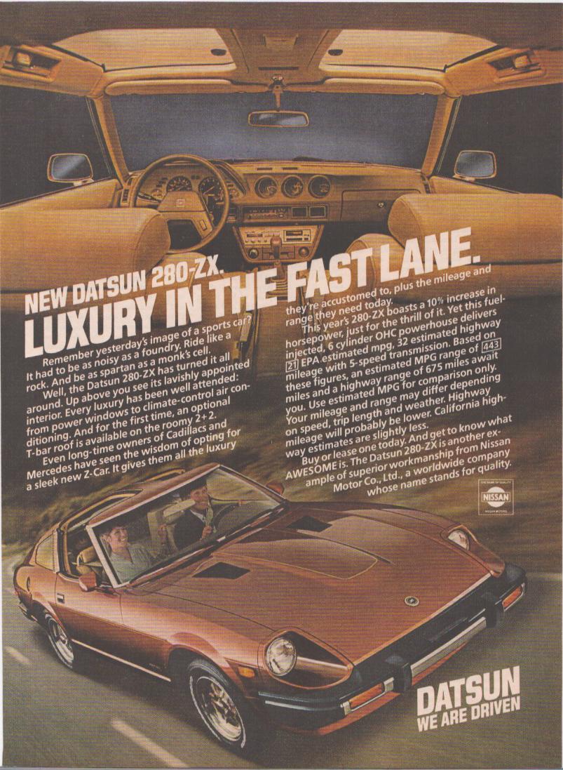 Vintage 1979 Datsun 280-ZX original print advertisement, bronze sports car on road with luxury interior detail shown above