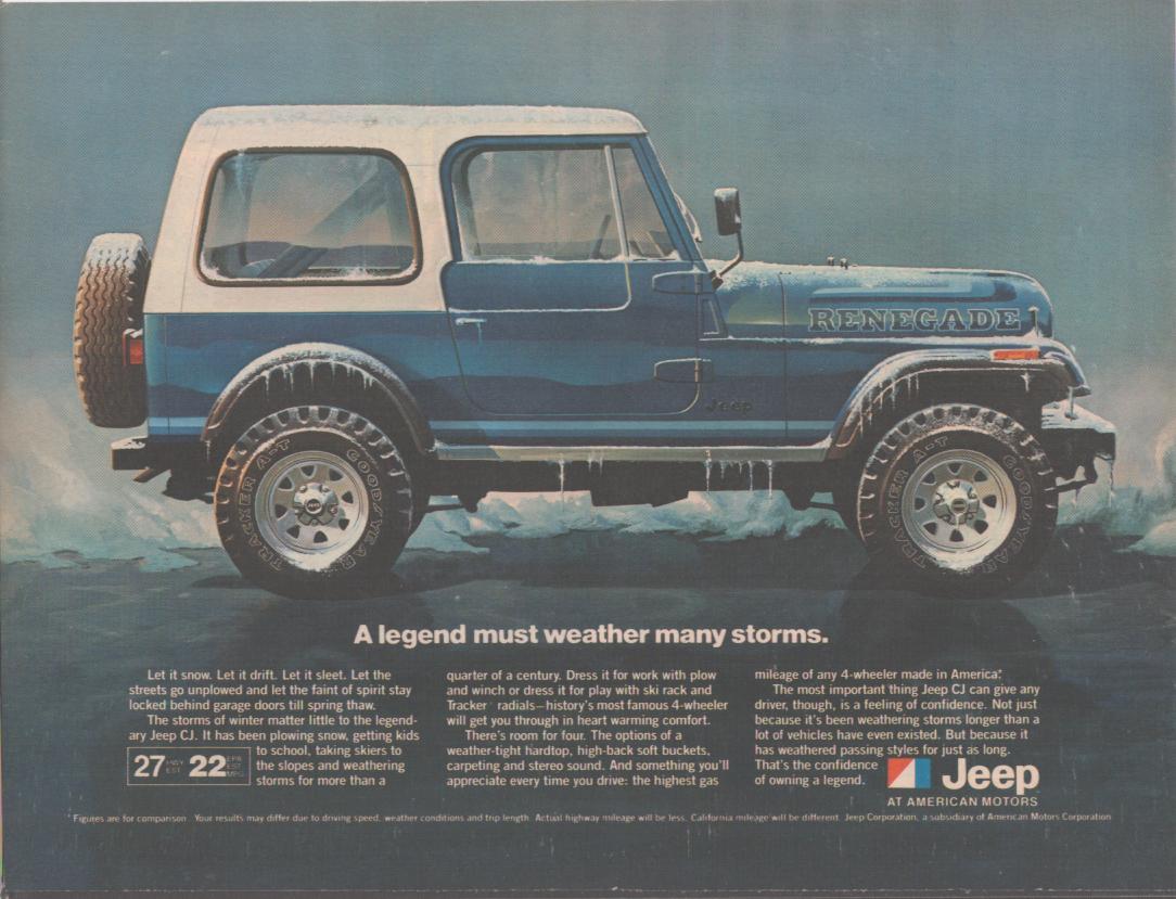 Vintage 1982 Jeep CJ Renegade original print advertisement, blue hardtop 4x4 covered in ice against stormy background with headline 'A legend must weather many storms'