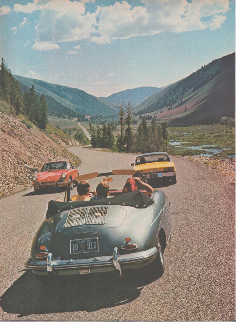Vintage 1965 Porsche 356 Cabriolet original print advertisement, rear view of silver open-top 356 with passengers on mountain road flanked by red and yellow Porsche 911s with Rocky Mountain valley in background