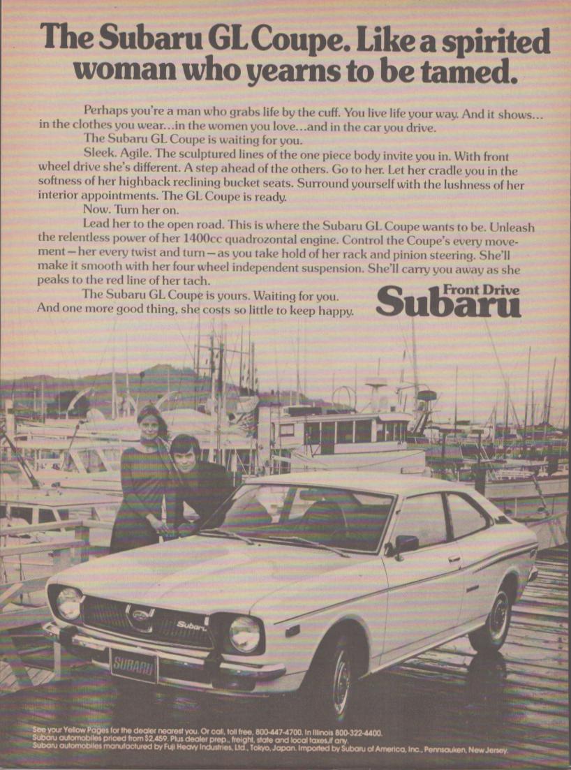Vintage 1970s Subaru GL Coupe original print advertisement, black and white image of white coupe parked at marina dock with young couple