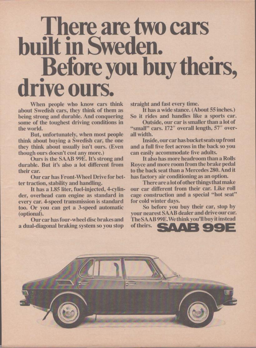Vintage 1971 Saab 99E original print advertisement, cream background with bold headline text and side-profile illustration of the sedan