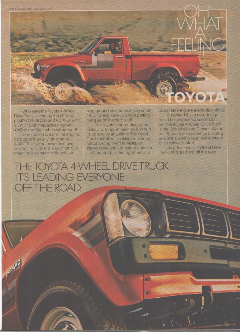 Vintage 1979 Toyota 4-Wheel Drive Truck original print advertisement, red 4WD truck splashing through rocky stream with dramatic front-end close-up and 'Oh What A Feeling' headline