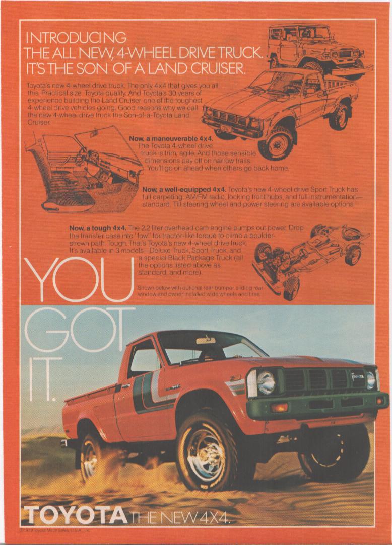 Vintage 1979 Toyota 4x4 Truck original print advertisement, bold orange background with desert action photo and cutaway illustrations of the new four-wheel drive Sport Truck