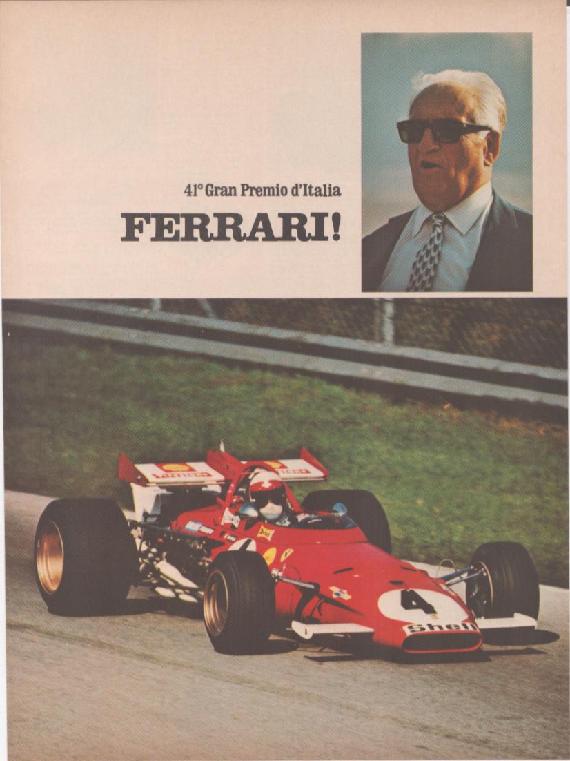 Vintage 1970 Ferrari Formula 1 Gran Premio d'Italia original print advertisement, red Ferrari F1 car number 4 racing at Monza with portrait of Enzo Ferrari in upper right corner