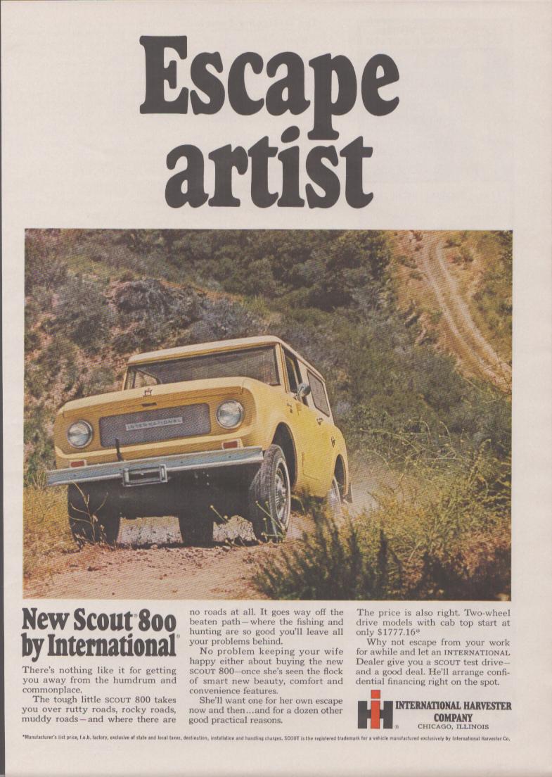 Vintage 1967 International Harvester Scout 800 original print advertisement, yellow Scout 800 climbing rocky off-road trail with 'Escape Artist' headline