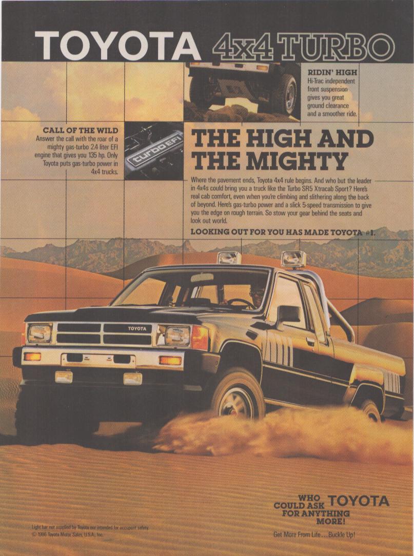 Vintage 1986 Toyota 4x4 Turbo SR5 Xtracab original print advertisement, two-tone pickup truck tearing through desert sand dunes with inset engine and suspension detail shots