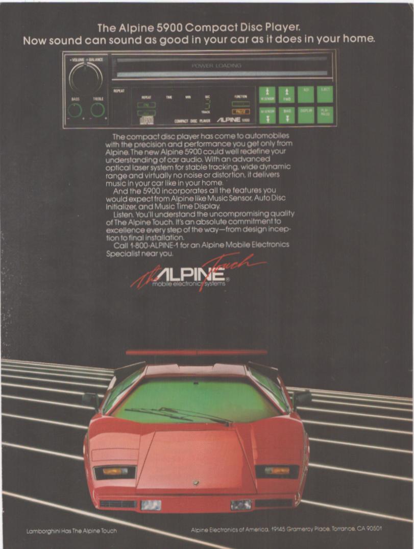 Vintage 1985 Alpine 5900 Compact Disc Player original print advertisement, red Lamborghini Countach shot head-on on dark background with CD player unit shown above