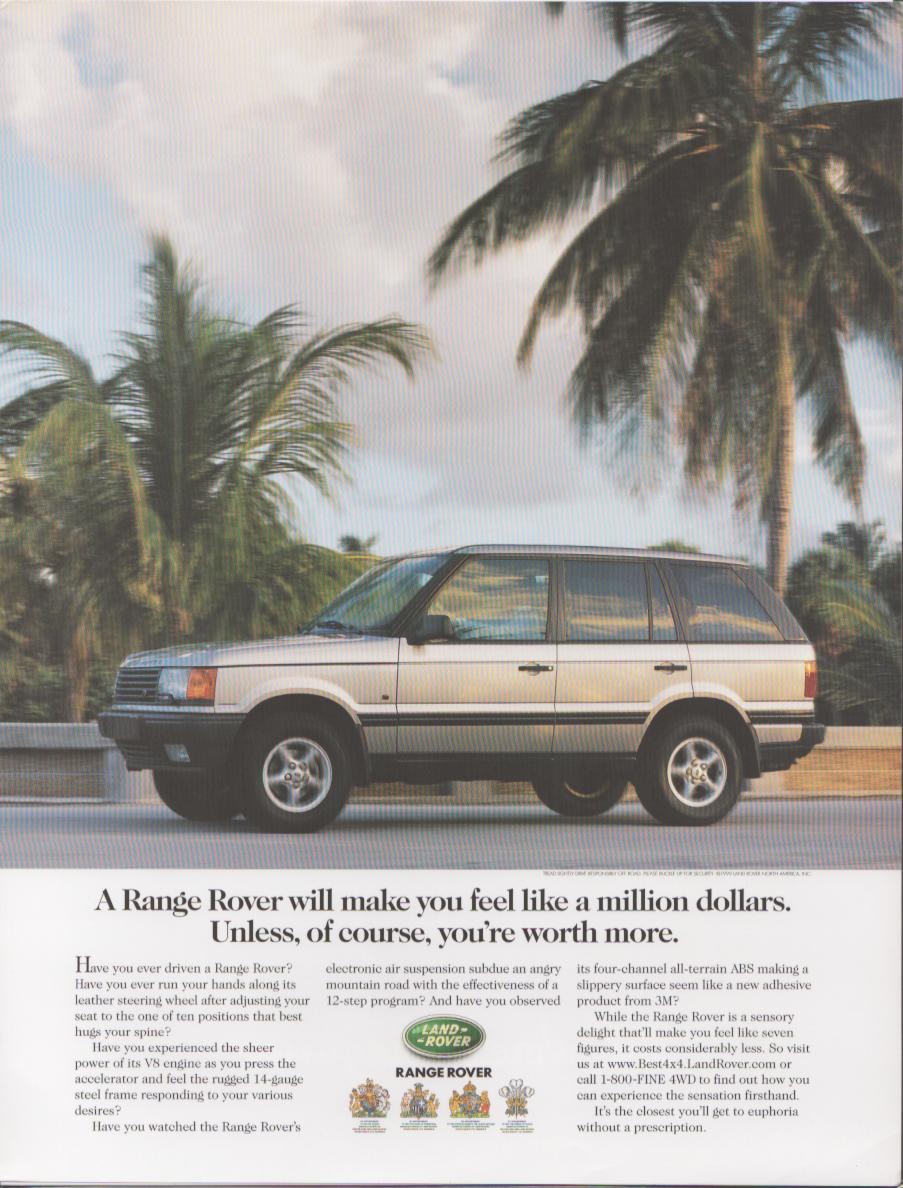 Vintage 1990s Land Rover Range Rover original print advertisement, silver P38 Range Rover parked on tropical road flanked by palm trees