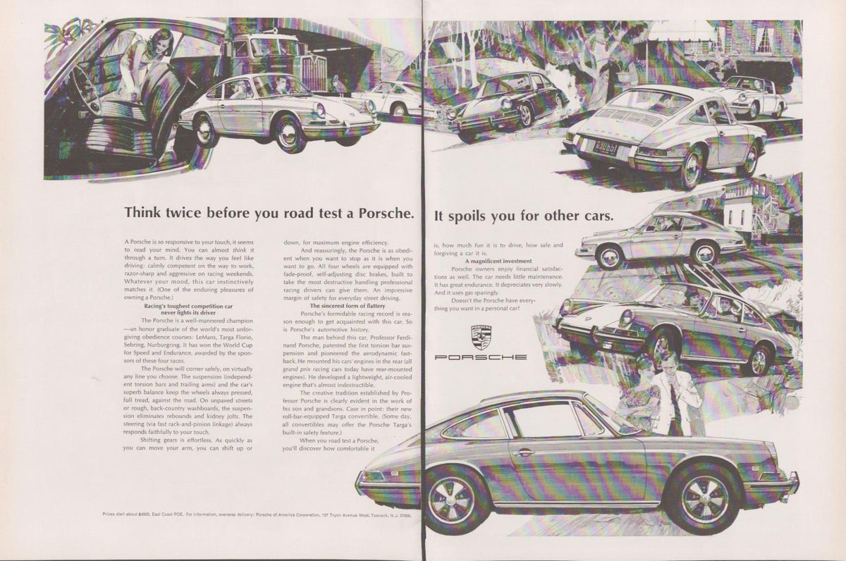 Vintage 1967 Porsche 911 Targa original print advertisement, two-page black and white spread with multiple illustrated vignettes and headline 'Think Twice Before You Road Test a Porsche'
