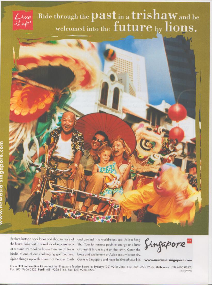 Vintage 1990s Singapore Tourism Board original print advertisement, colorful scene of family on trishaw surrounded by lion dancers and festive street atmosphere