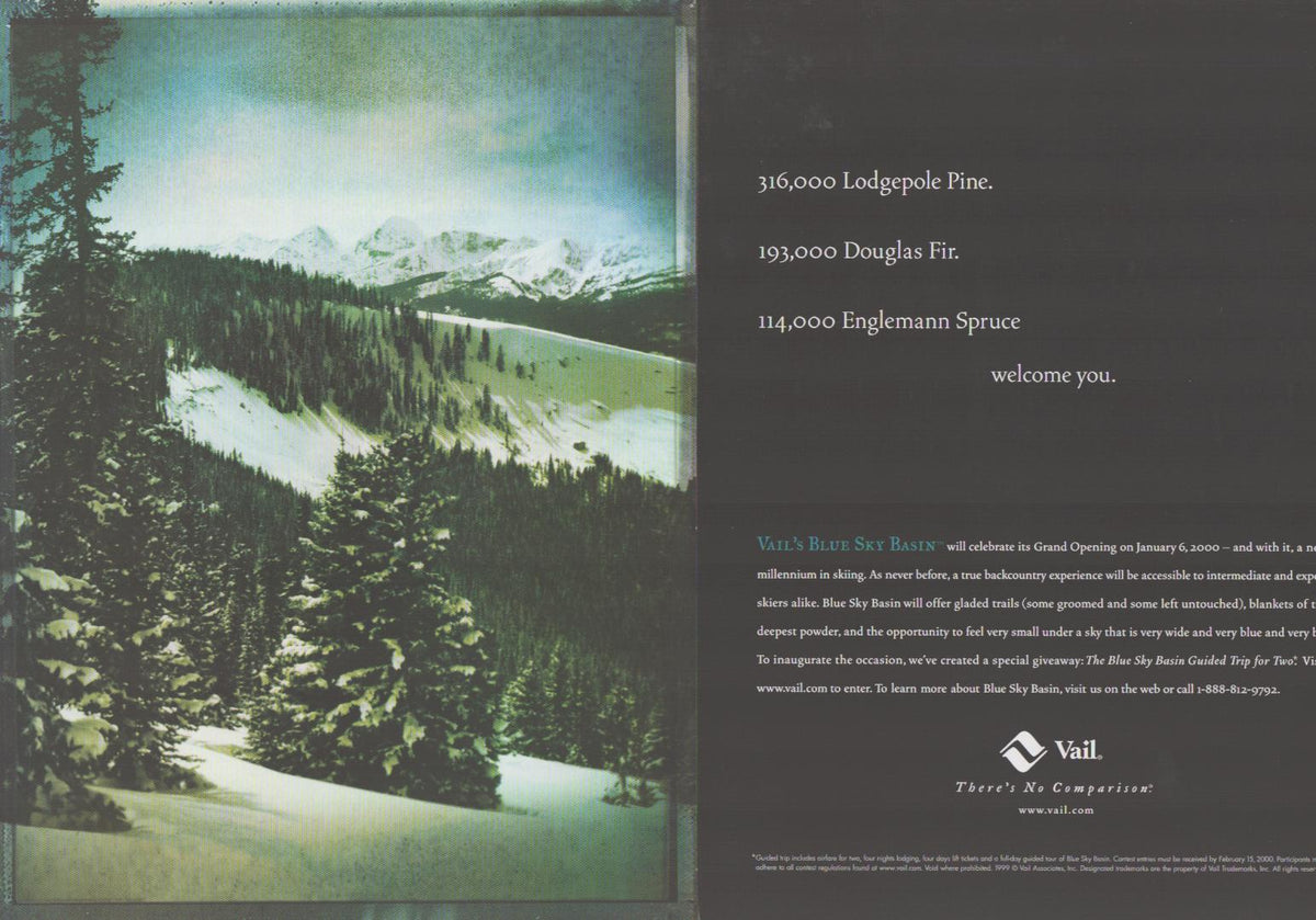 Vintage 2000 Vail Blue Sky Basin original print advertisement, sweeping aerial view of snow-covered Rocky Mountain terrain lined with pine and spruce forests