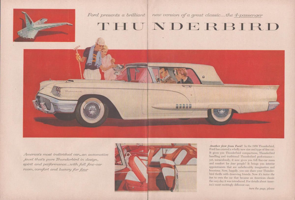 Vintage 1958 Ford Thunderbird original print advertisement, red background illustration showing cream-colored four-passenger hardtop with elegantly dressed figures and interior detail insets