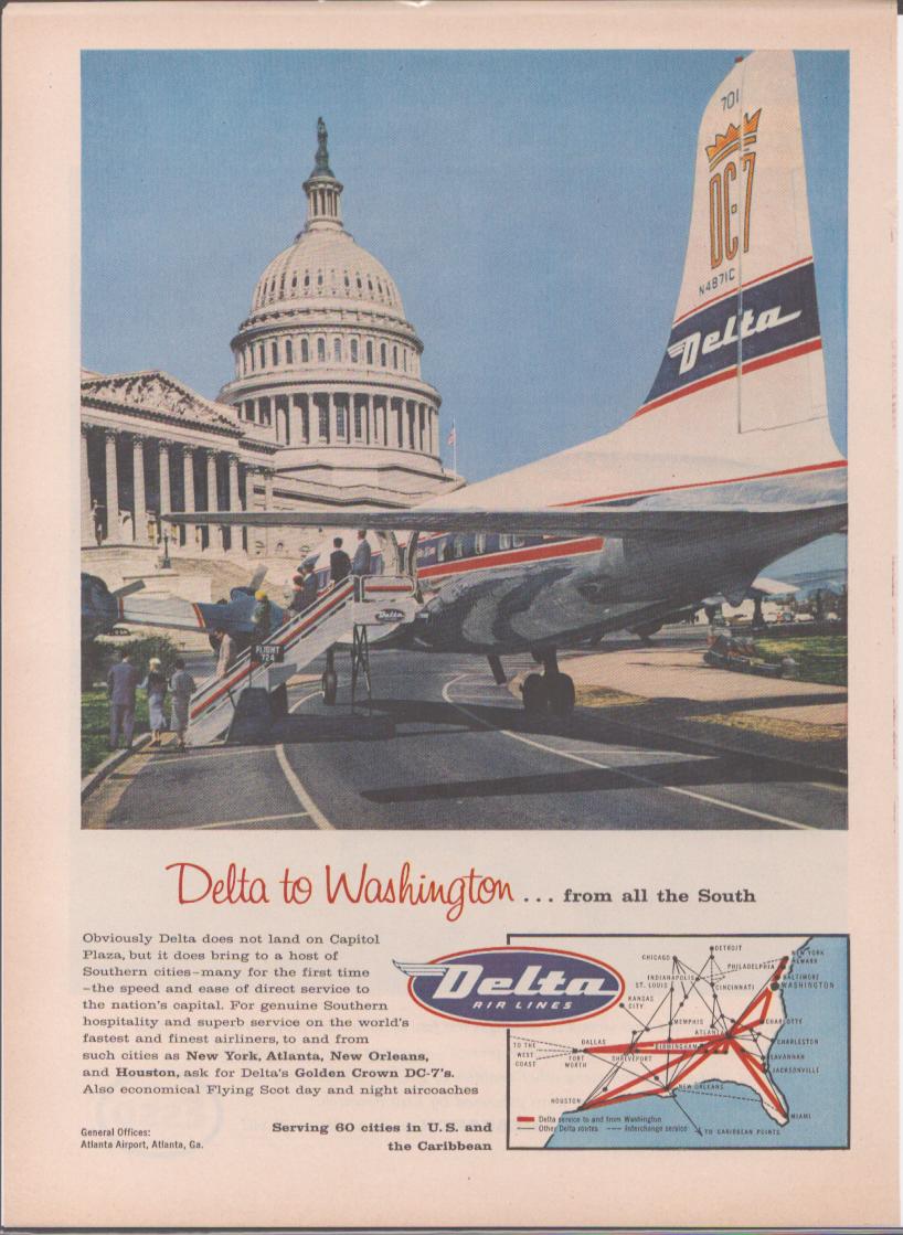 Vintage 1957 Delta Air Lines Golden Crown DC-7 original print advertisement, composite illustration of propeller airliner in front of the U.S. Capitol building with passengers boarding