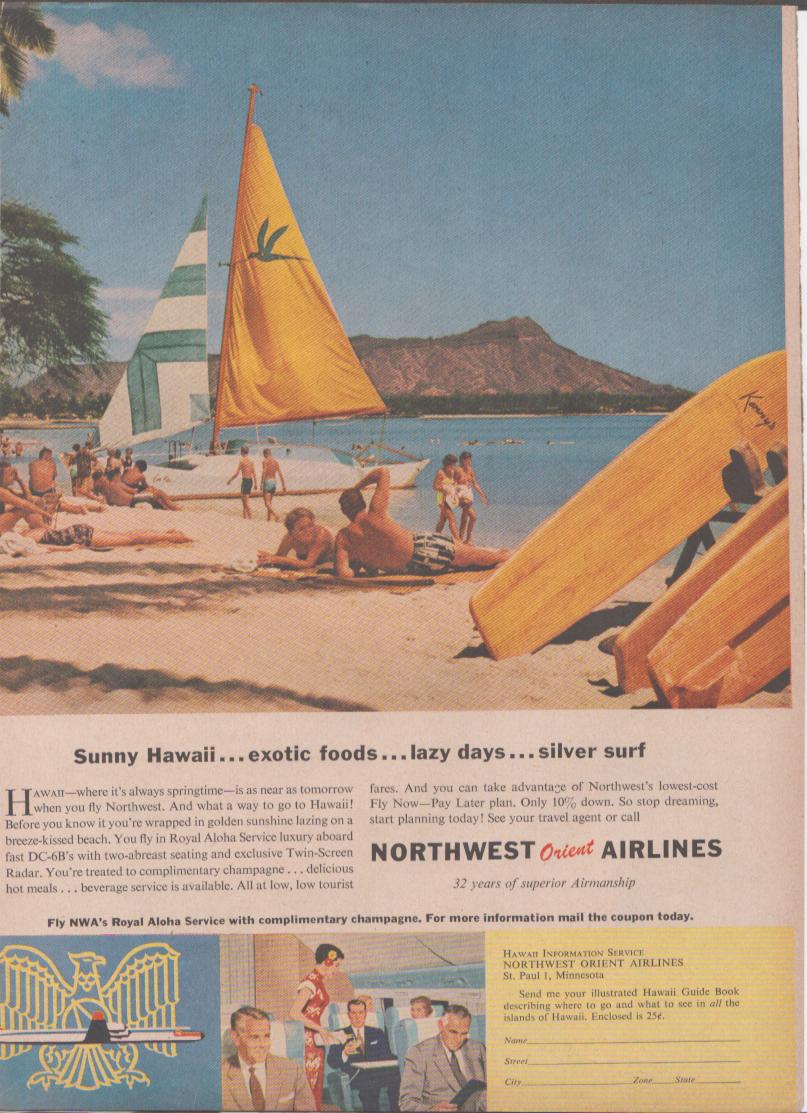 Vintage 1950s Northwest Orient Airlines original print advertisement, Waikiki Beach scene with colorful sailboats, Diamond Head volcano in background, sunbathers on sand