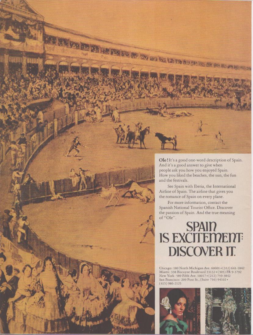 Vintage 1960s Iberia Airlines Spain tourism original print advertisement, sepia-toned aerial view of crowded bullfighting arena with flamenco dancers and bold headline 'Spain Is Excitement: Discover It'