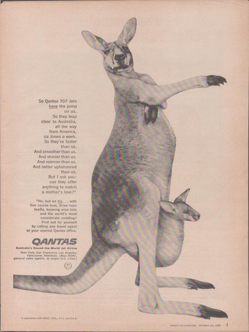 Vintage 1960 Qantas 707 original print advertisement, black and white image of mother kangaroo with joey in pouch and witty copy about jet service to Australia