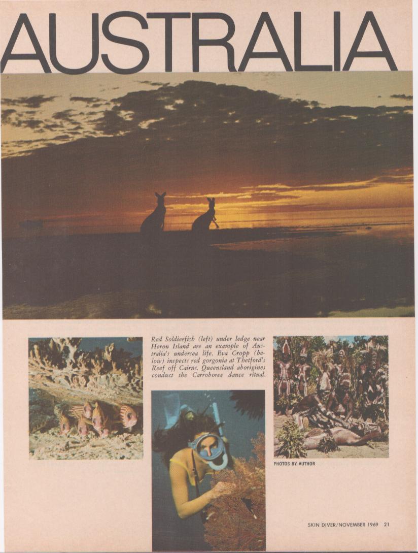 Vintage 1969 Australia Tourism original print advertisement, featuring kangaroos silhouetted at sunset, a scuba diver at the Great Barrier Reef, coral reef fish, and Aboriginal Corroboree dancers