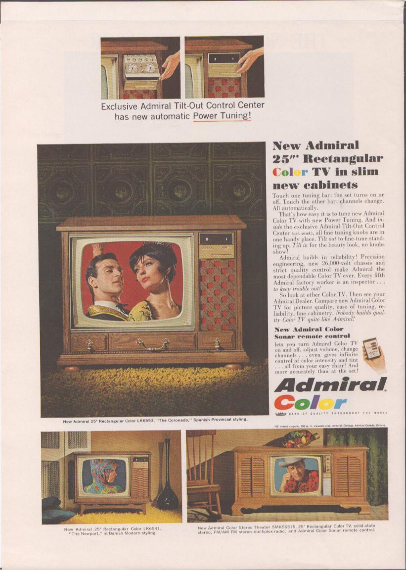 Vintage 1960s Admiral Color Television original print advertisement, featuring 25-inch rectangular TV in wood cabinet with couple on screen and Tilt-Out Control Center detail shots
