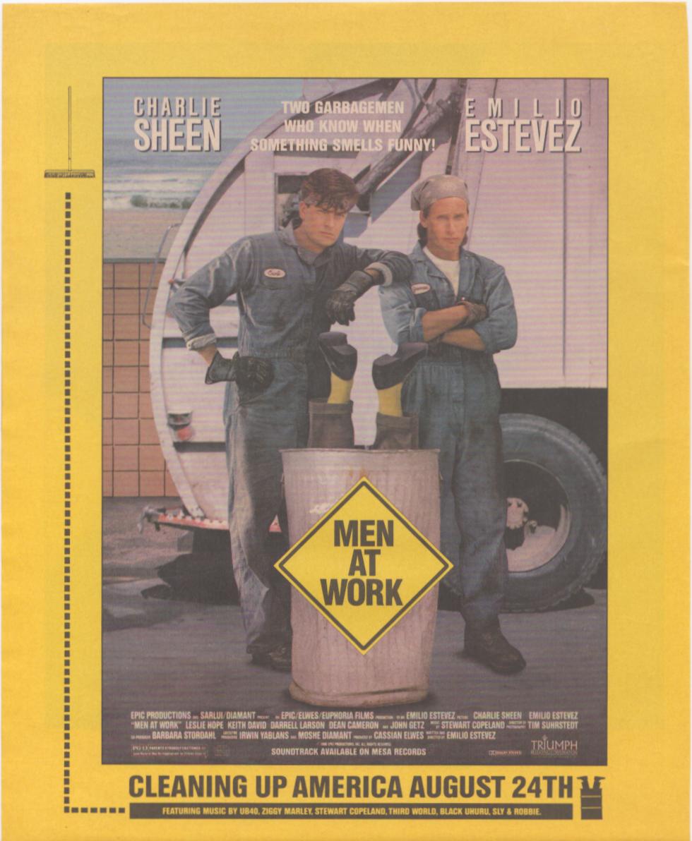 Vintage 1990 Men at Work original print advertisement, Charlie Sheen and Emilio Estevez in coveralls leaning on a trash can with yellow diamond logo against yellow newsprint background