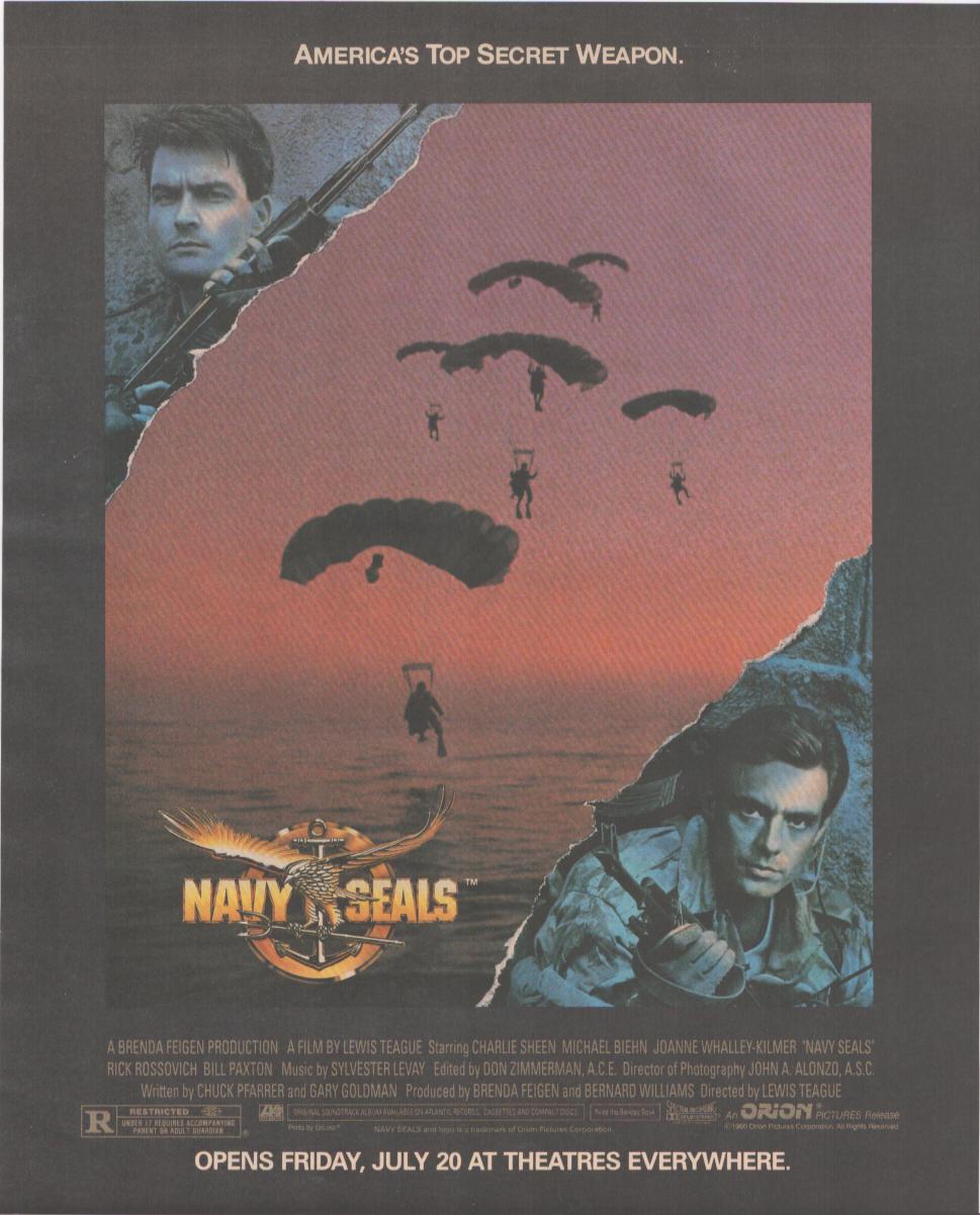 Vintage 1990 Navy SEALs original print advertisement, dramatic orange sunset sky with silhouetted paratroopers and portraits of Charlie Sheen and Michael Biehn