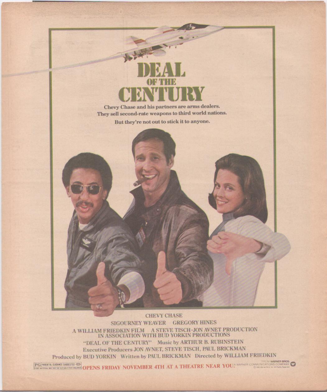 Vintage 1983 Deal of the Century original print advertisement, Chevy Chase, Sigourney Weaver, and Gregory Hines giving thumbs up beneath a military jet with bold green title text