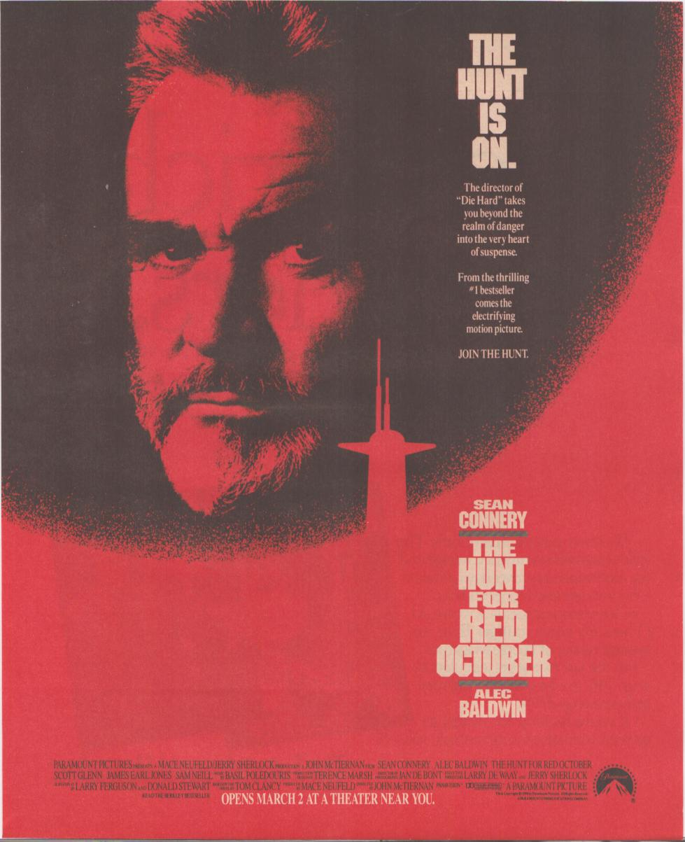 Vintage 1990 The Hunt for Red October original print advertisement, bold red background with Sean Connery's dramatic close-up above a submarine silhouette