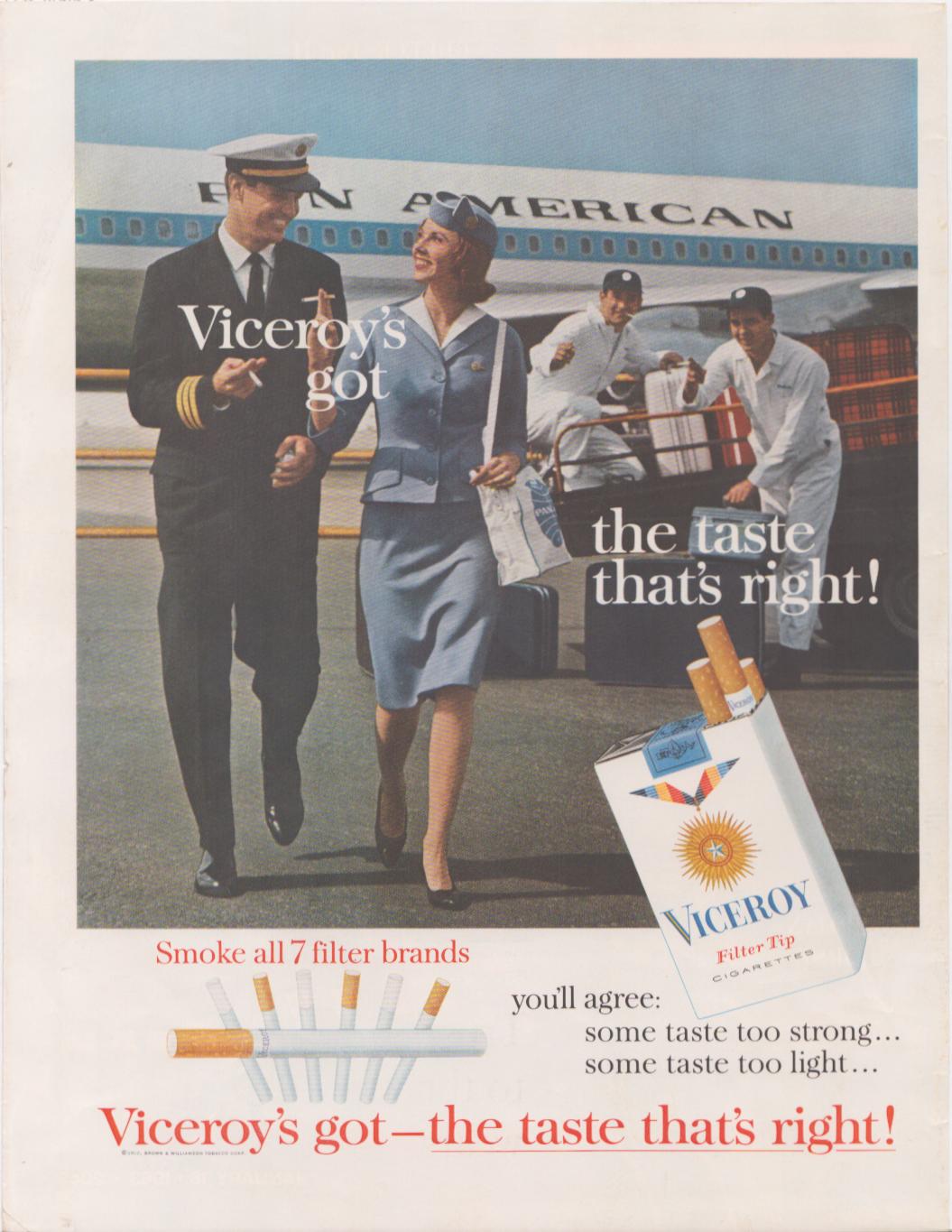 Vintage 1950s Viceroy Filter Tip Cigarettes original print advertisement, Pan Am pilot and stewardess walking on airport tarmac in front of Pan American jetliner