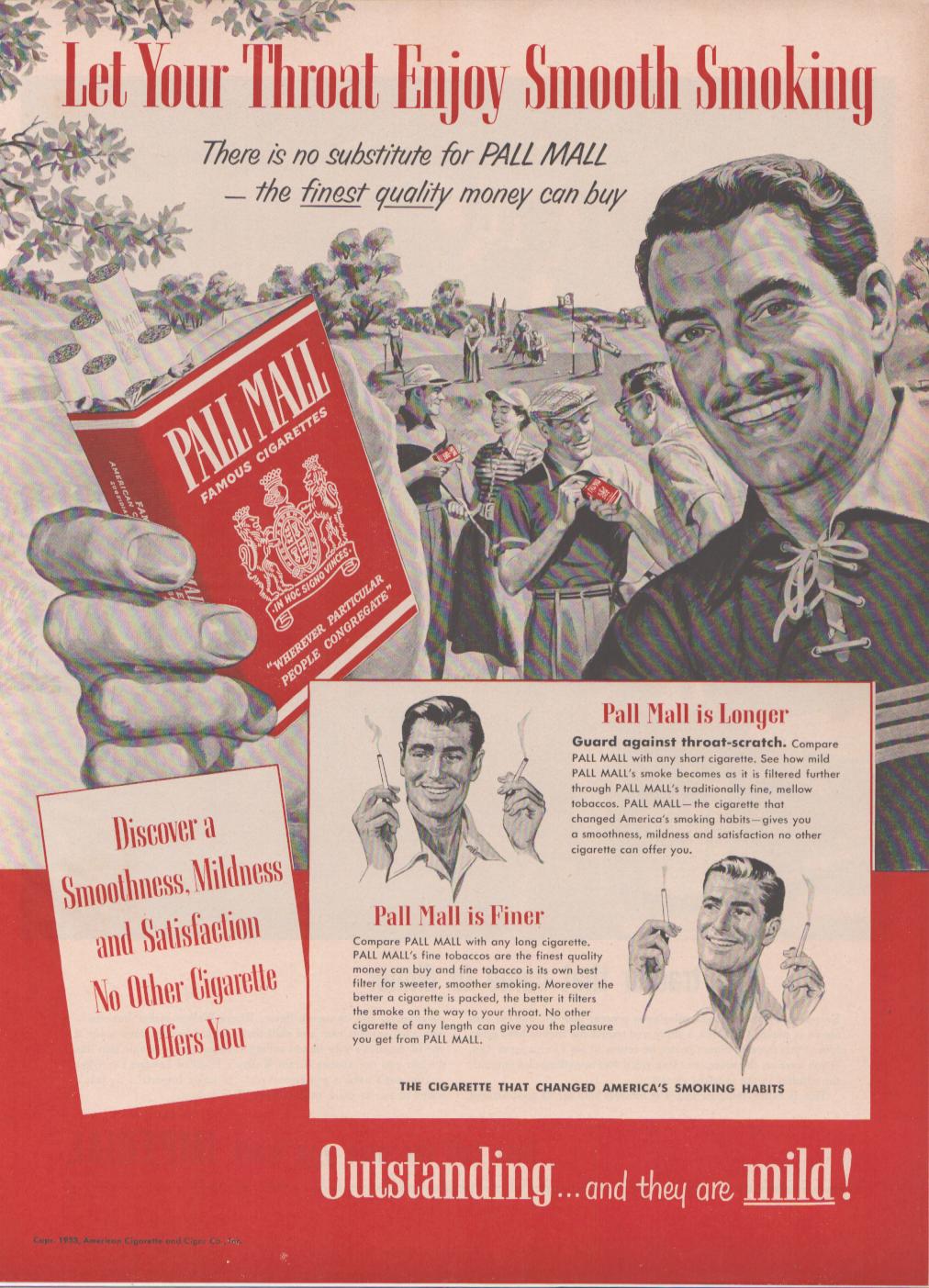 Vintage 1952 Pall Mall Famous Cigarettes original print advertisement, black and white illustration of men on a golf course sharing a pack of Pall Mall with bold red branding and tagline 'Outstanding… and they are mild!'