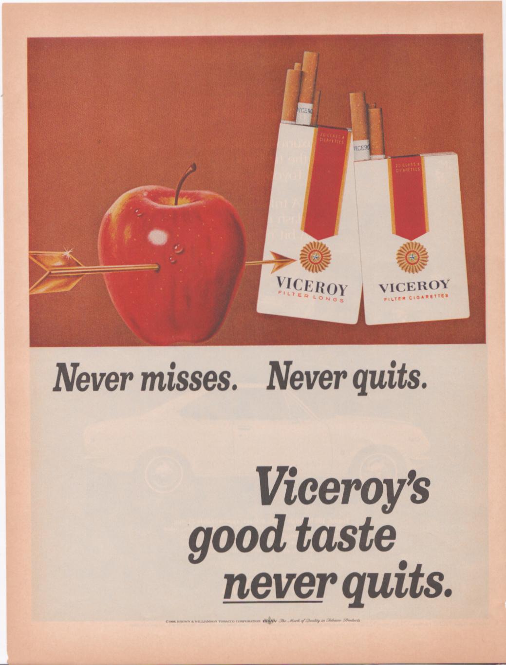 Vintage 1968 Viceroy Filter Cigarettes original print advertisement, golden arrow piercing a red apple aimed at two Viceroy cigarette packs on warm brown background
