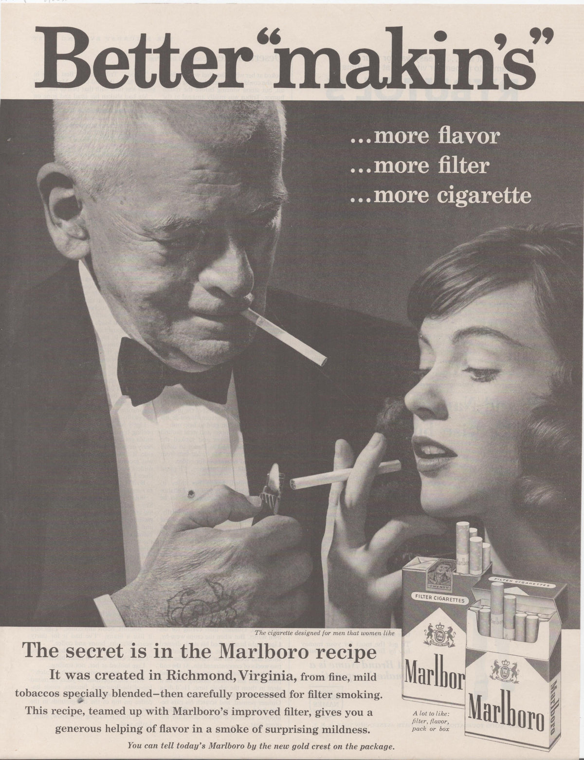 Vintage 1950s Marlboro filter cigarettes original print advertisement, black and white photo of tuxedoed man lighting cigarette for elegant woman