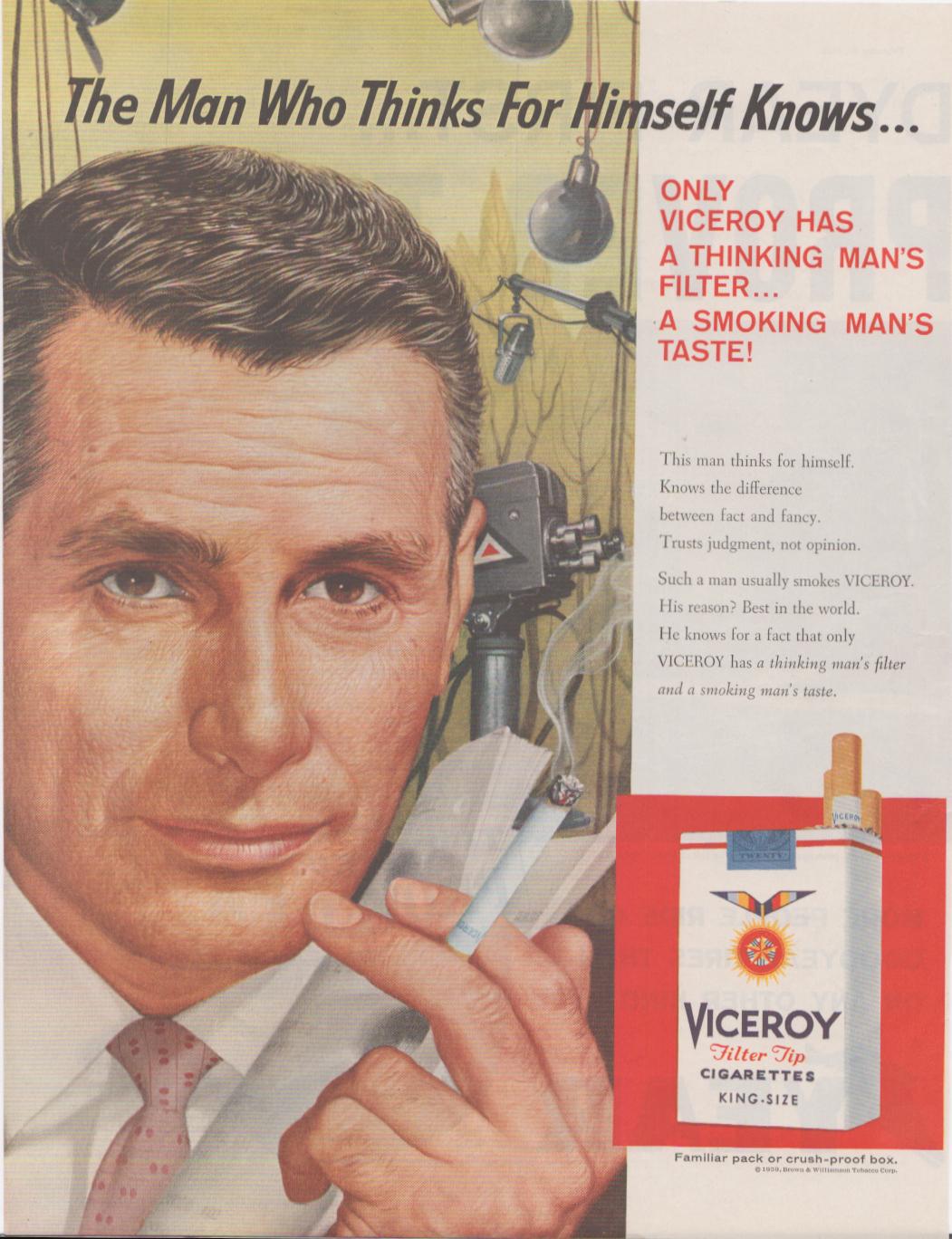 Vintage 1959 Viceroy Filter Tip Cigarettes original print advertisement, illustrated portrait of confident man holding cigarette in studio setting with cameras and studio lights